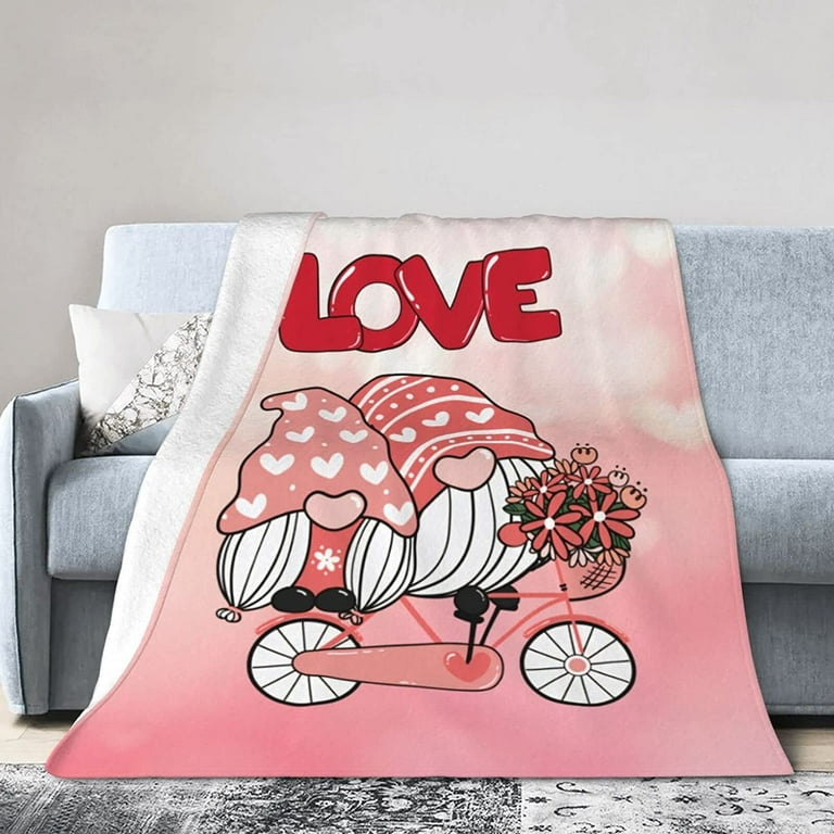 aoselan Two Valentine Romantic Gnome Couple On Pink Bicycle Throw Blanket Warm Cozy Lightweight Blankets Happy Valentine s Day Gift Flannel Blanket