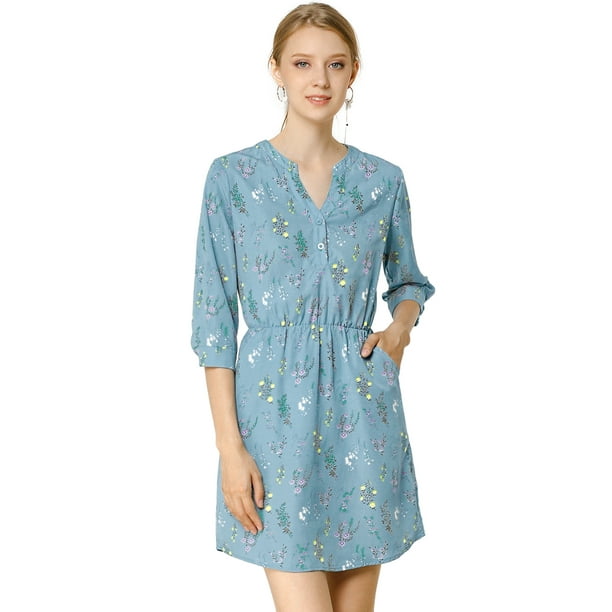 Vestido Allegra K Para Mujer Estampado Floral Cierre De Botón Escote En V Bolsillos Laterales Azul XS
