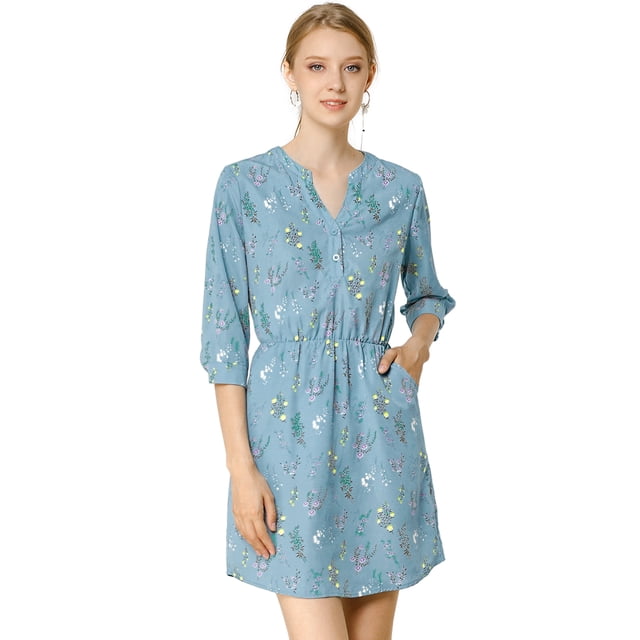 Vestido Allegra K Para Mujer Estampado Floral Cierre De Botón Escote En V Bolsillos Laterales Azul XS