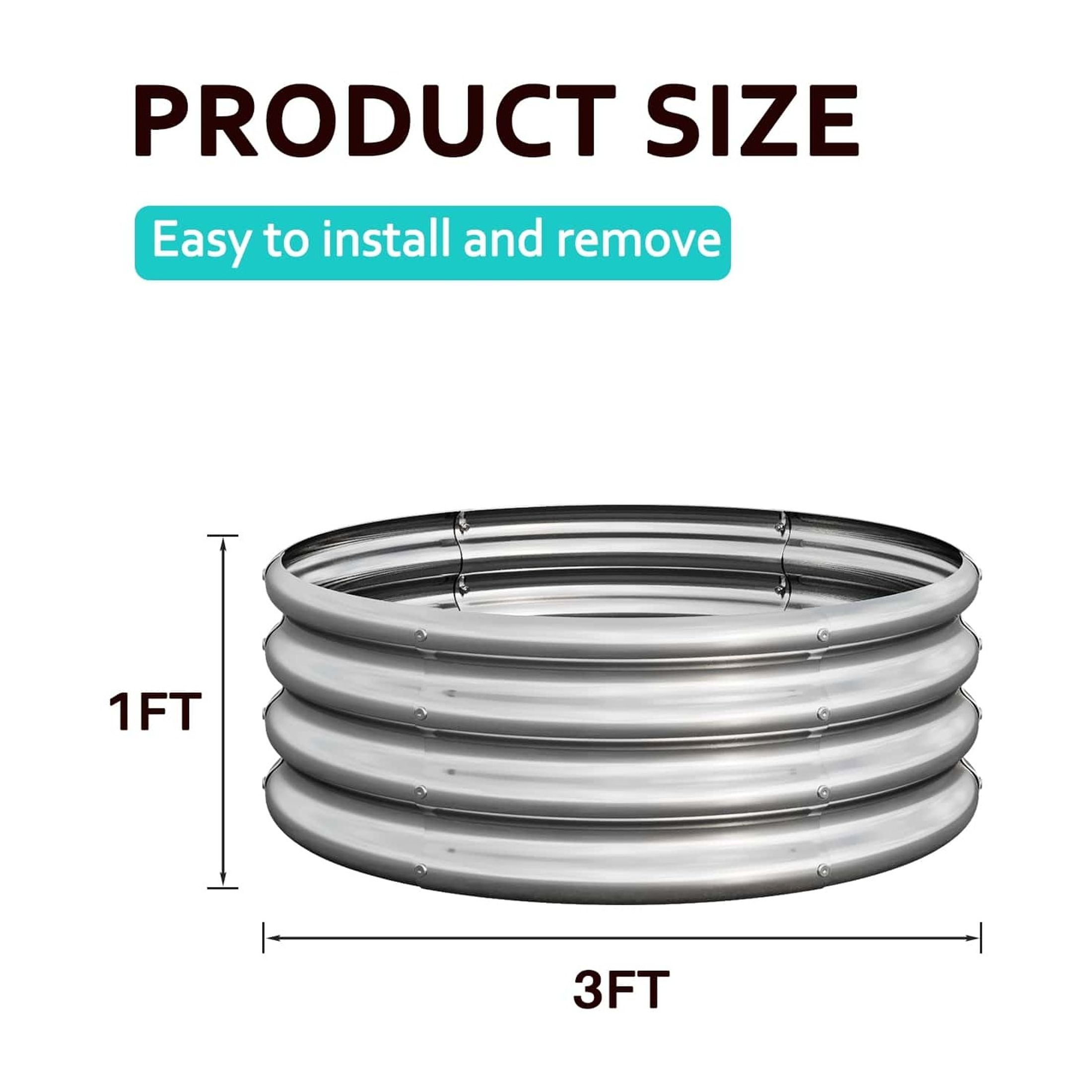 Elio Outdoor Metal 2.7x2.7x1ft Round Raised Garden Bed, 11.4" H Planter Box, Rust-Resistant, Open Bottom, Sturdy for Vegetables, Herbs, Flowers, Silver