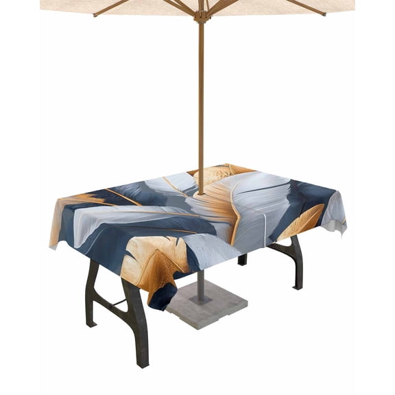 Fsddascl Feather Outdoor Tablecloth - 52x70 Inch Rectangle Dining Table Cover, Orange White Blue Oil Painting Modern Abstract Waterproof Outdoor Table Cloth with Umbrella Hole & Zipper for Patio