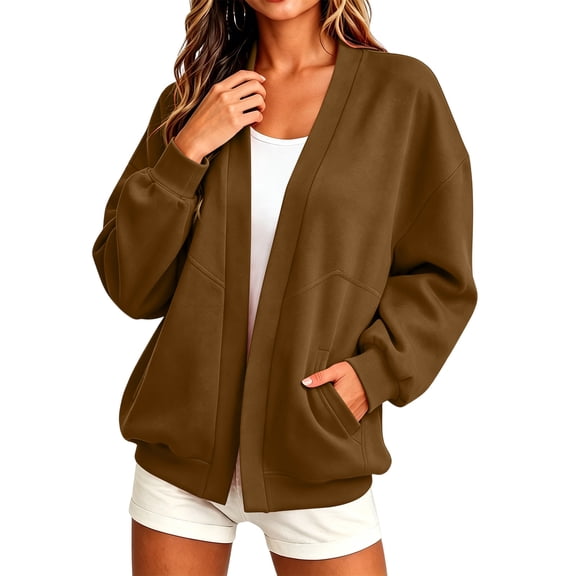 Hurxie Women Sweatshirt Cardigan Open Front Jacket Oversized Lightweight Loose Fit Pocket Casual Athleisure Outerwear Khaki,S