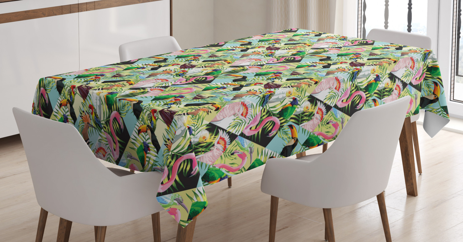 Luau Tablecloth, Tropical Climate Wildlife Jungle Inspired Patchwork