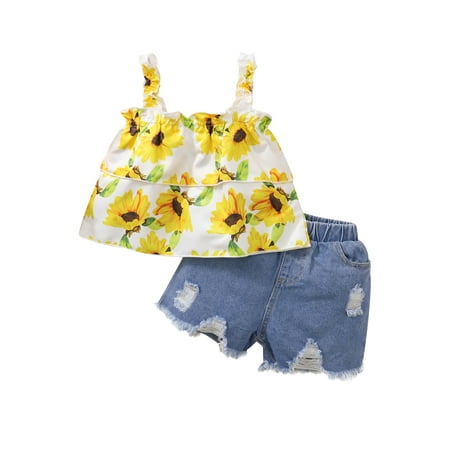 

EYIIYE Kids Girls Summer Flower Print Off-The-Shoulder Sleeveless Tops and Denim Shorts Suit Set