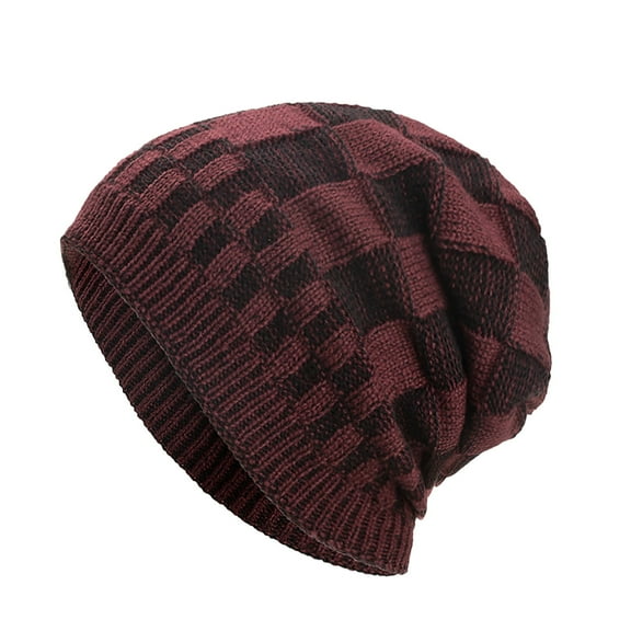 Xfvqtps Mens Beanie Slouchy Chessboard Pattern Knitting Plush Lining Hip Hop Style Vintage Stretch Soft Thickened Windproof Coldproof Outdoor Winter Warm Skull Cap Wine