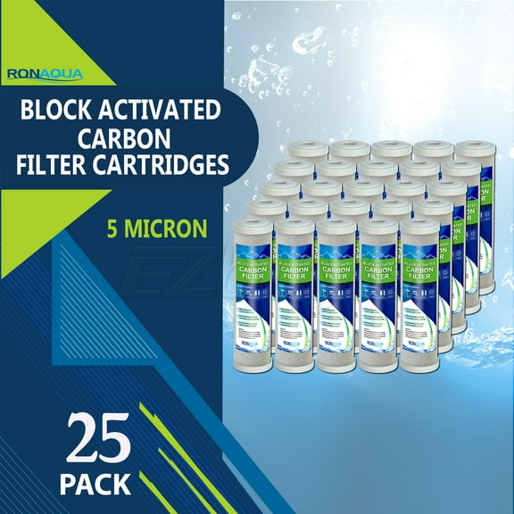 Block Activated Carbon Coconut Shell Water Filter Cartridge 5 Micron for RO & Standard 10” Housing by Ronaqua (25 Pack)