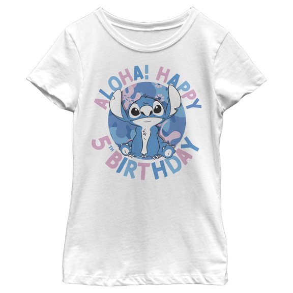 Girl's Lilo & Stitch Happy 5th Birthday Graphic Tee White Large
