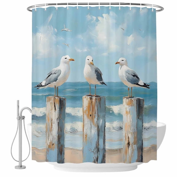 Beach Seagull Shower Curtain Set - 72" x 78" Washable Bathtub Curtain with 12 Hooks, Birds Rustic Wood Watercolor Painted Waterproof Fabric Stall Shower Curtains for Bathroom/Bathtub Décor
