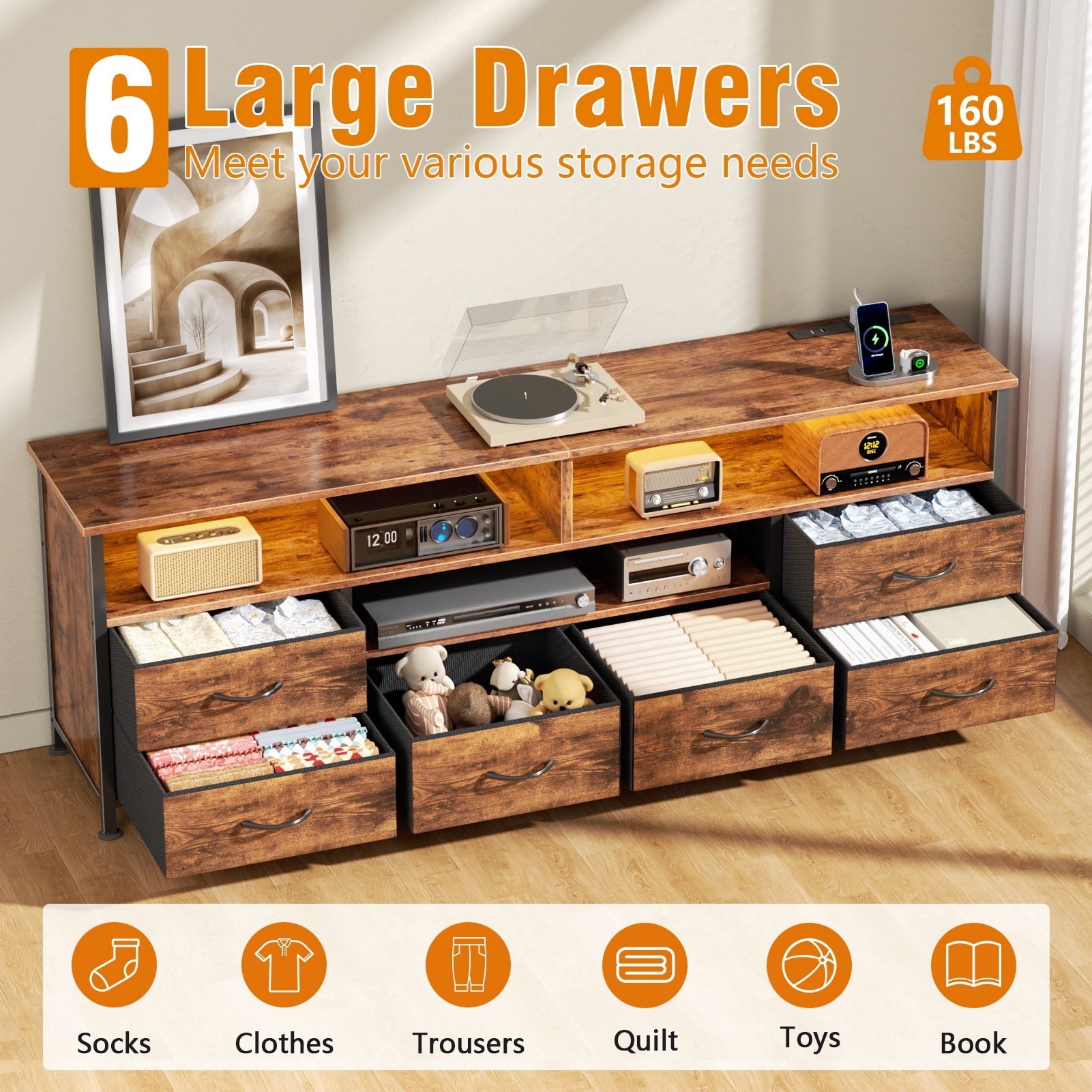 Tydimor 6-Drawer Fabric Dresser with LED Lights & Outlet, TV Stand with 3 Open Compartments, Metal Frame Anti-Tip Design, Fits 32"-70" TVs, Rustic Brown (63")