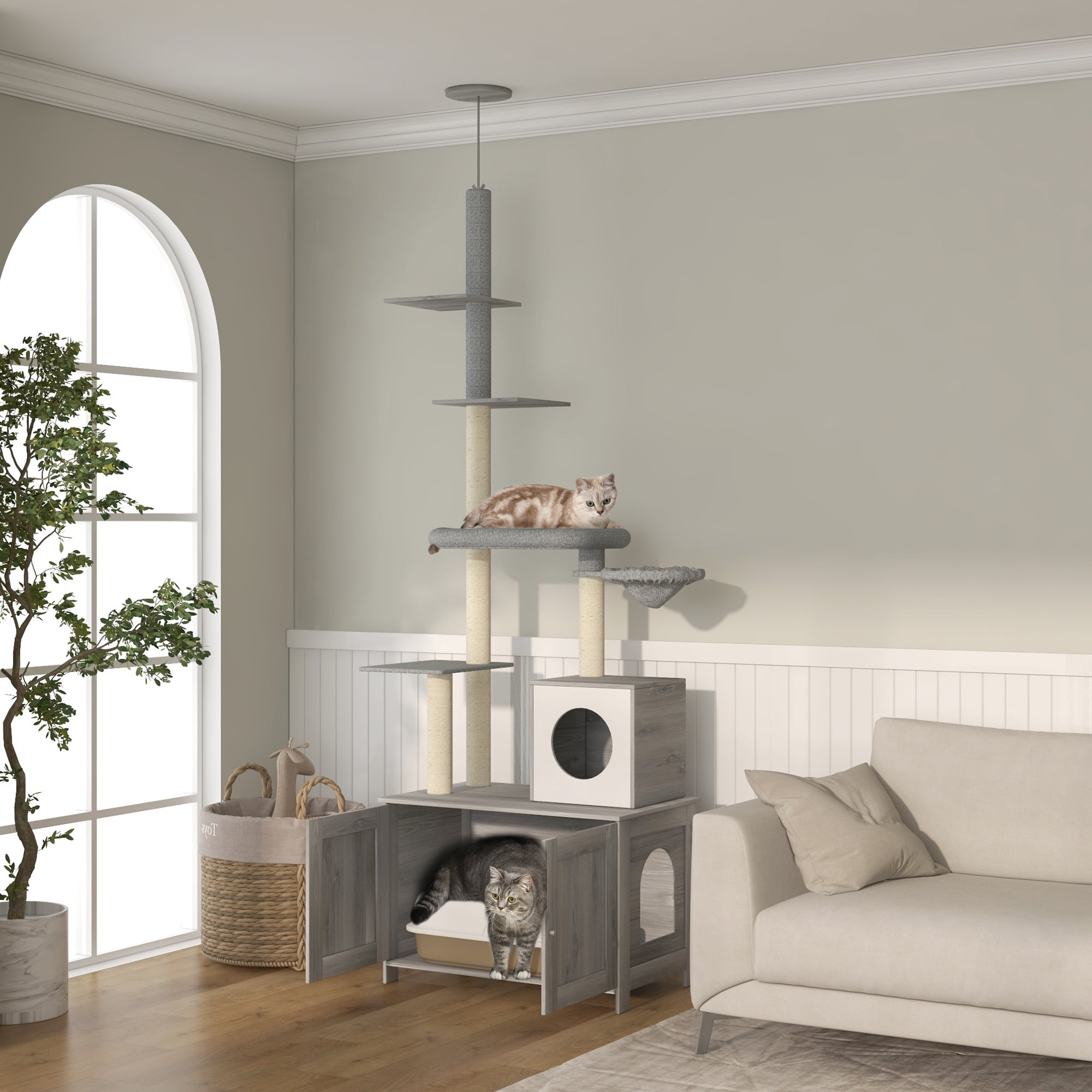 PawHut 2 in 1 Litter Box Enclosure with Floor to Ceiling Cat Tree, Gray