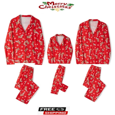 

Gueuusu Christmas Pajamas for Family Deer Snowflake Print Lapel Long Sleeve Tops + Elastic Waist Long Pants Loungewear Set