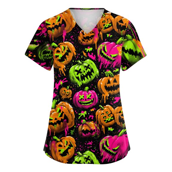 Ladies Scrub Halloween Costumes, Skeleton Pumpkin Print V Neck Short Sleeve Comfort Nursing Scrub Tops with Pockets
