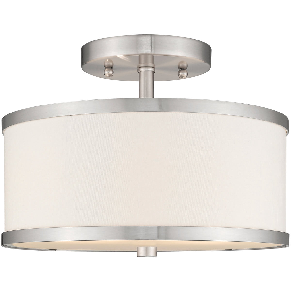 2 Light Brushed Nickel Ceiling Light fixture with Hand Crafted Off-White Fabric Hardback Shade