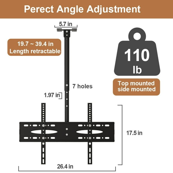 Adjustable Ceiling TV Wall Mount Bracket Compatible with 40~70" Monitor Flat Panel Screen Displays Tilt