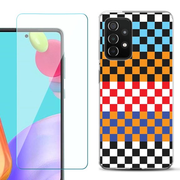 Slim-Fit Flexible Gel TPU Phone Case compatible with Samsung Galaxy A52 5G, with Tempered Glass Screen Protector, by OneToughShield ® - Colorful Checker