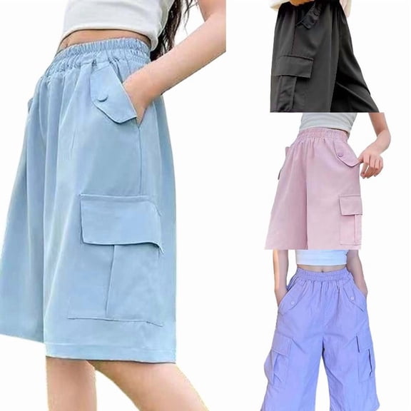 SGMVNU Girls' Cargo Shorts with Multi-Pockets Summer Casual Knee Length Shorts Kids Outdoor Hiking Lightweight Parachute Shorts, Size 10-11 Years, Blue