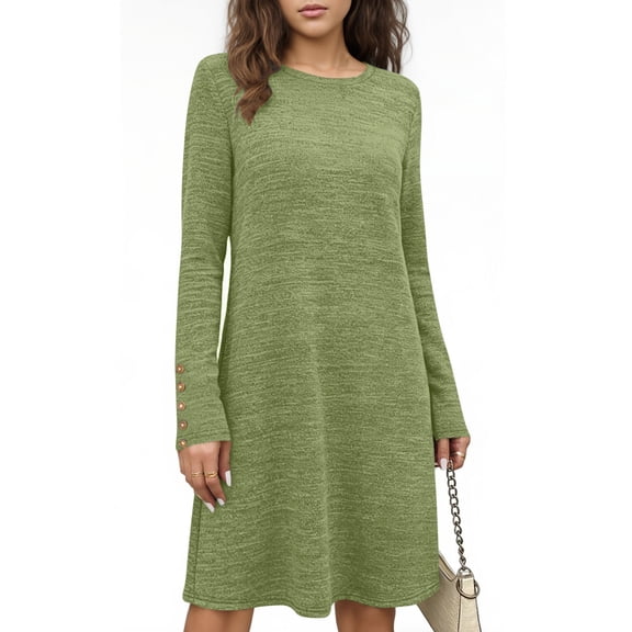 Summer Dresses for Women Plus Size Crewneck Cotton A Line Long Sleeve Mini Dress Casual Solid Oversized Round Neck Loose Comfortable Tunic Dresses Vacation Sundress