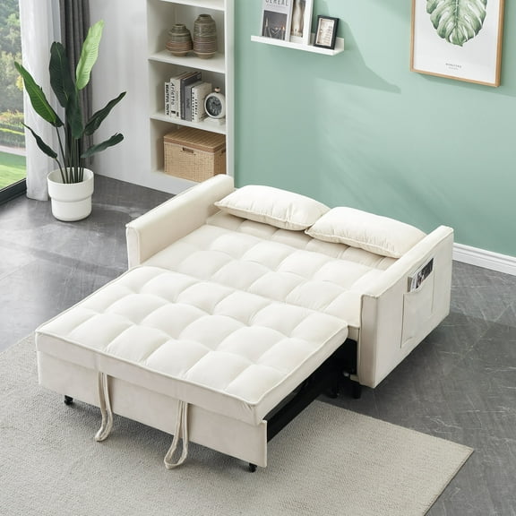 MAYEERTY 3 In 1 Convertible Sleep Sofa Bed, Pull Out Velvet Sleeper Sofa Small Loveseat, for Apartment, Living Room, Small Space, Beige