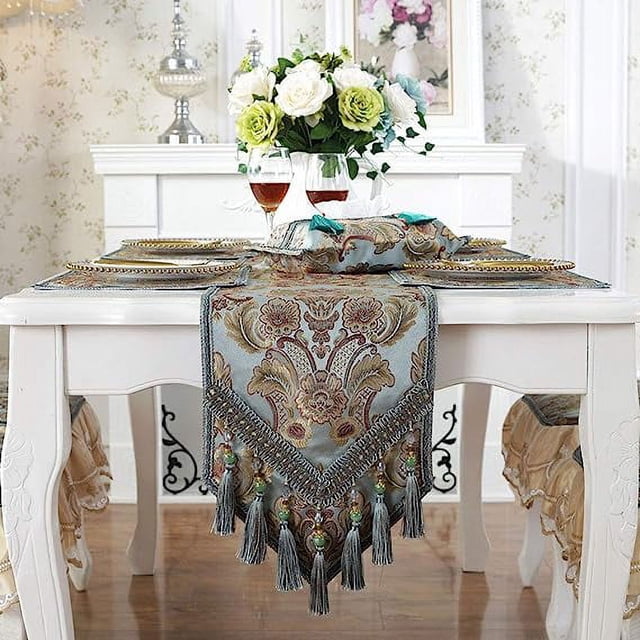 Nvzi Vintage Luxury Jacquard Damask Floral Table Runners Tea Table Decoration with Multi-Tassels 13"x117" Blue