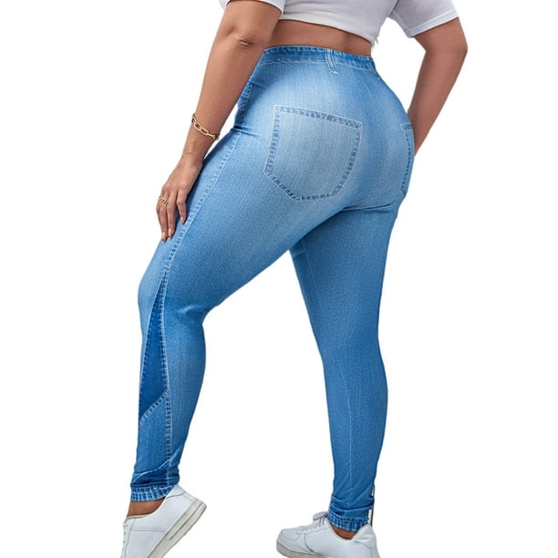 Bellella Women Plus Size Leggings Tummy Control Fake Jeans High Waist Faux  Denim Pant Skinny Slim Leg Jeggings Workout Bottoms Blue 2XL 