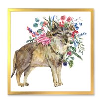 Designart 'Wolf With Woodland Flowers On White' Farmhouse Framed Art Print
