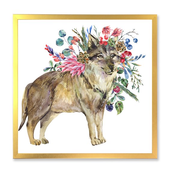 Designart 'Wolf With Woodland Flowers On White' Farmhouse Framed Art Print