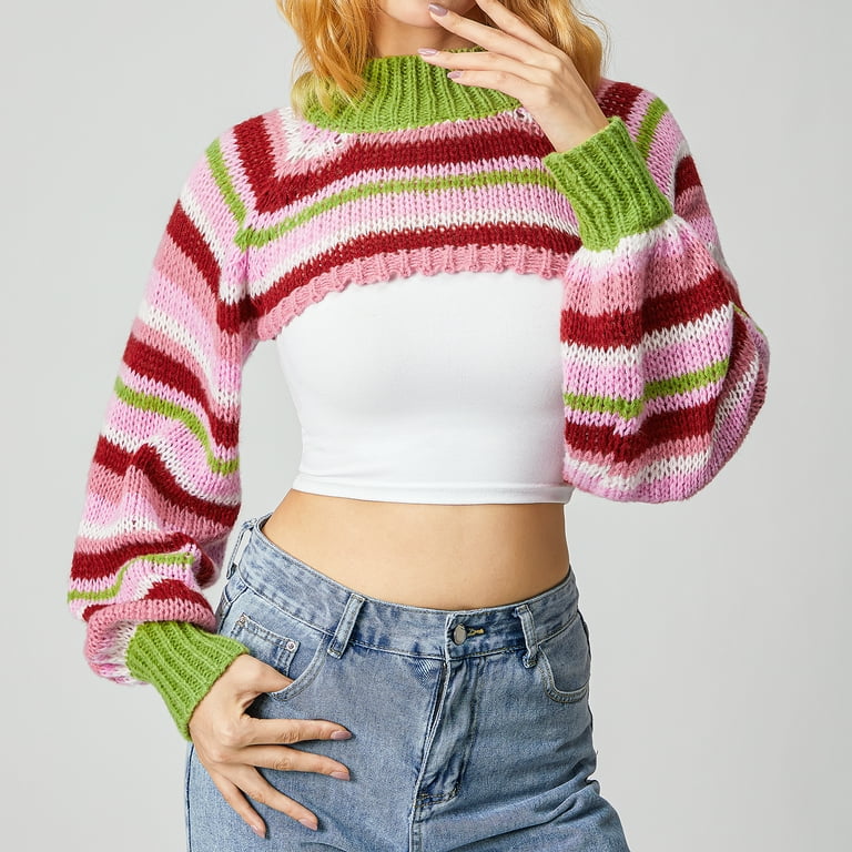 Women Y2k Knitted Smock Long Sleeves Shrugs Sweater Striped Women Y2k Knitted Smock Long Sleeves Shrugs Sweater Striped