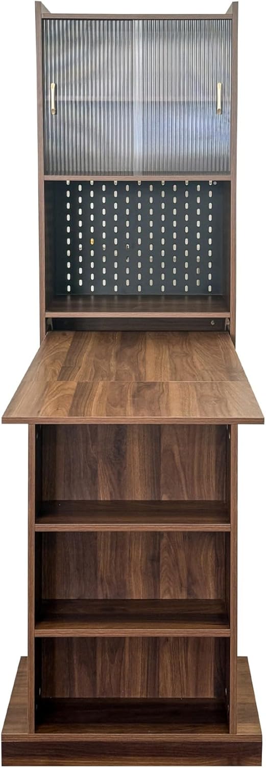 I Folding Home Office Desks with Pegboard, Glass Doors, Bookshelf & Storage Shelves, Modern Wooden Computer Table Workstation for Work, Study, Writin