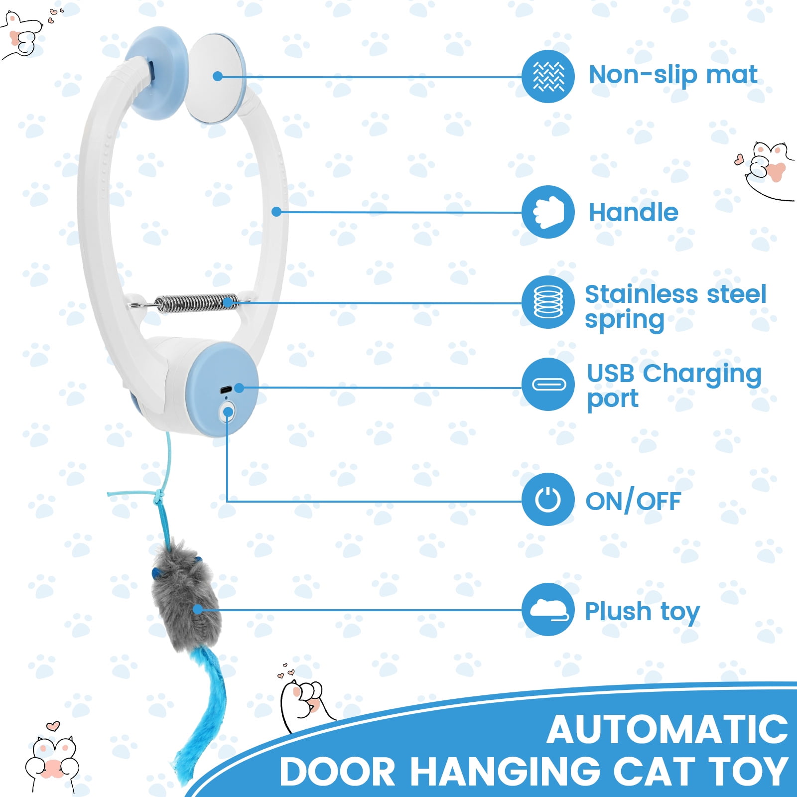 Austok Self Play Hanging Door Cat Toy Interactive Door Hanging Retractable Kitten Toy with 3 Catnip Mice 3 Mode Rechargeable for Cat Exercise