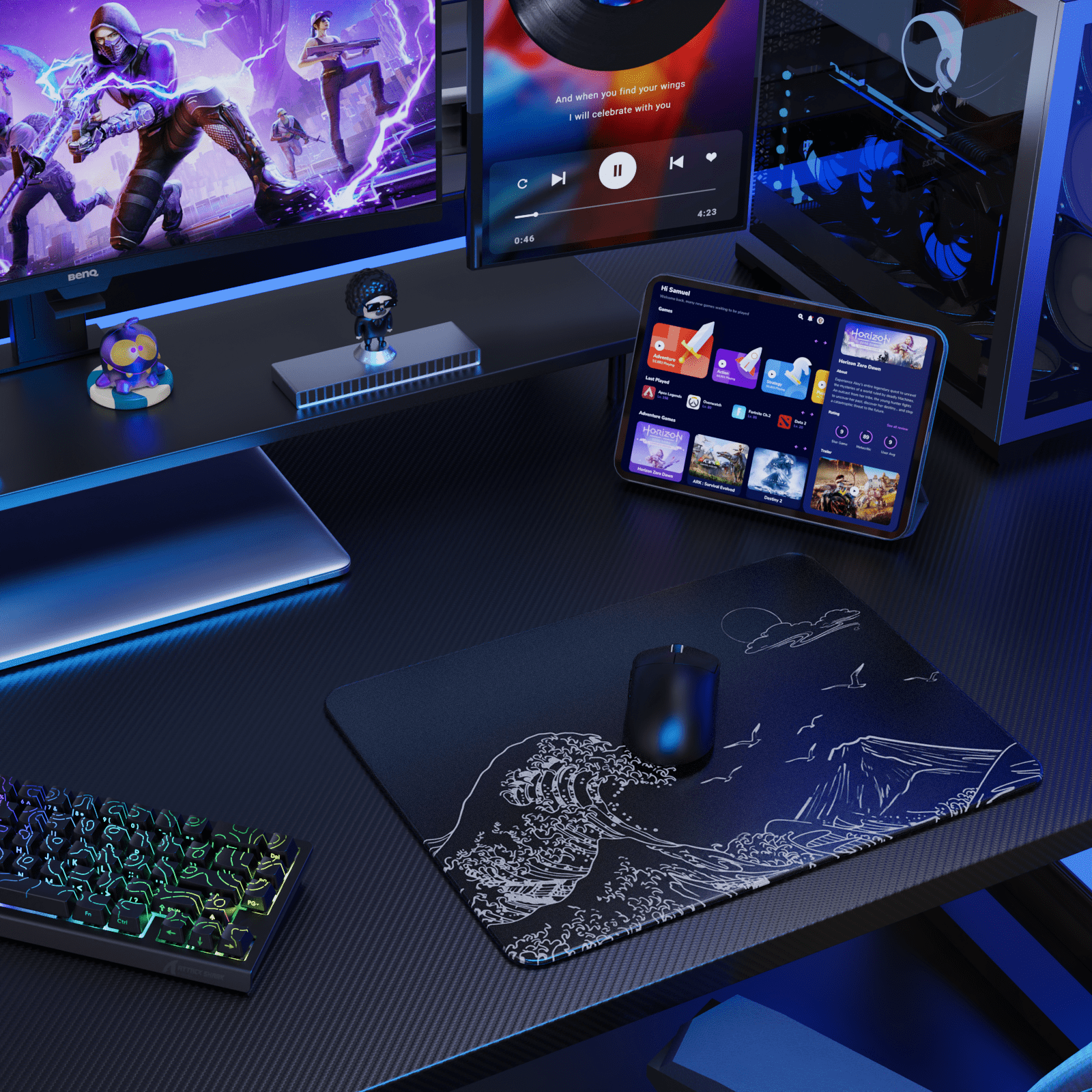 ATTACK SHARK CM05 SE Tempered Glass Mouse Pad, 16.1''×12.2'' Large Hard Gaming Mouse Pad, Nano-Etched Surface, 9H Anti-Scratch, Anti-Slip Base, Black Waves