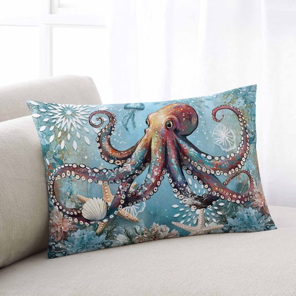 Coastal Octopus King Size Pillow Cover, Pillowcase Protectors with Zipper, Breathable Decorative Throw Pillow Case Cover, Vintage Teal Nautical Beach Botanical Pillow Shams for Couch Sofa 20x36Inch