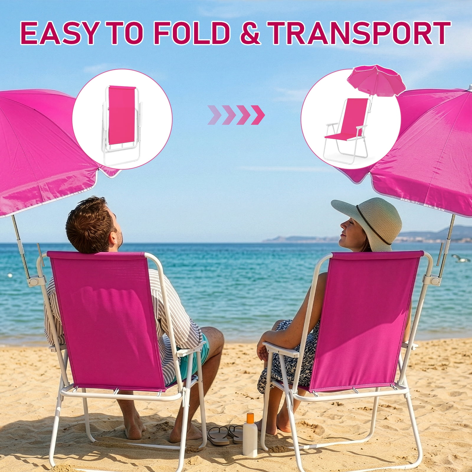 1 Pack Folding Beach Chair with Umbrella, XL Size, 15" Seat Height, Steel Spring Chair with Cross Bar, Oxford Cloth, 120kg Capacity, Barbie Pink