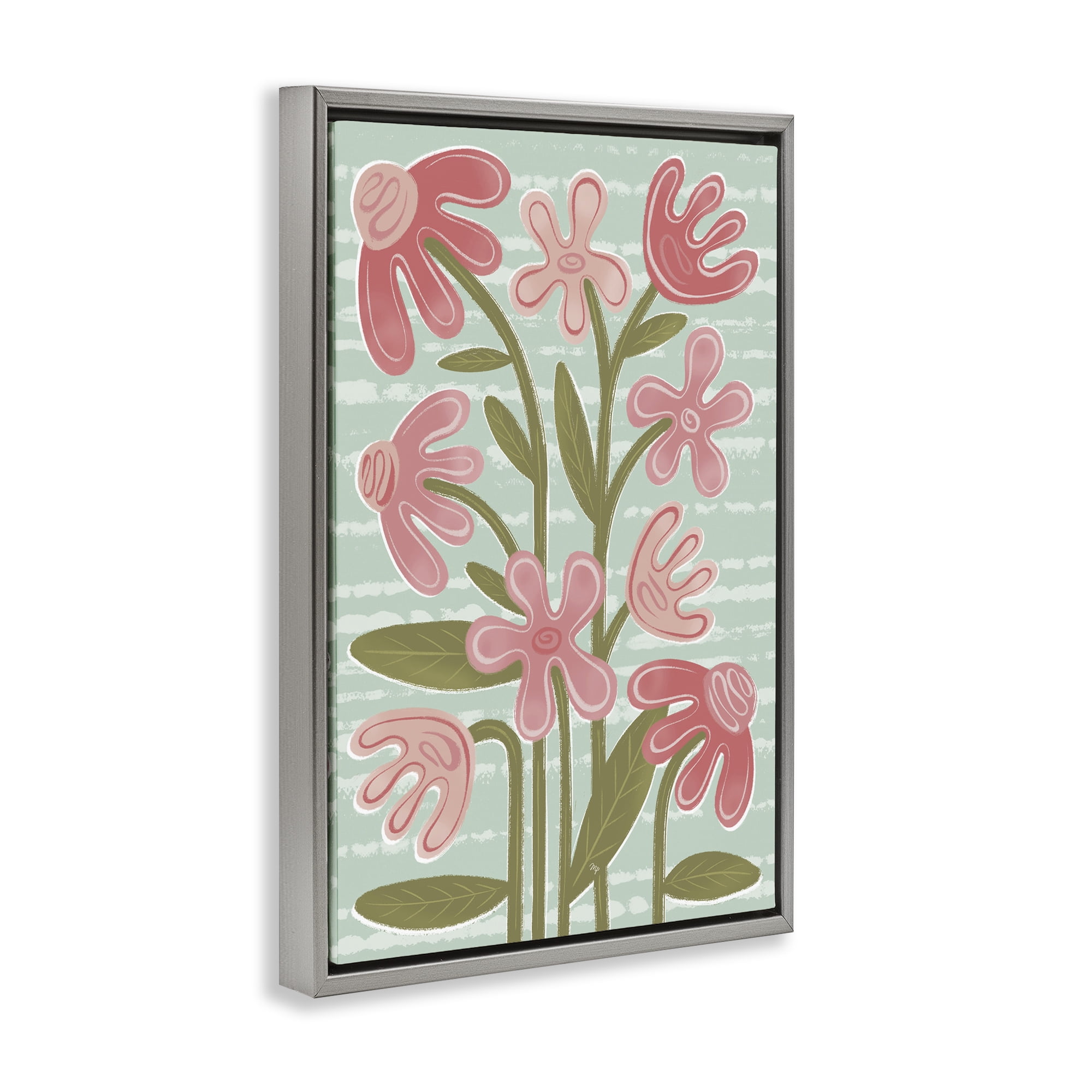Stupell Industries Pink Whimsy Midcentury Flowers Gray Framed Floater Canvas Wall Art, design by Martina Pavlova