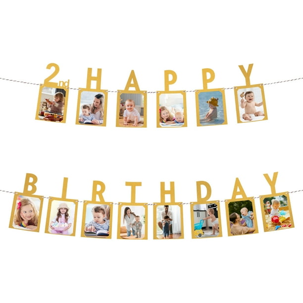 Decoraciones de banner de fotos de 2do cumpleaños de 1 a 12 meses, dorado, 14 piezas