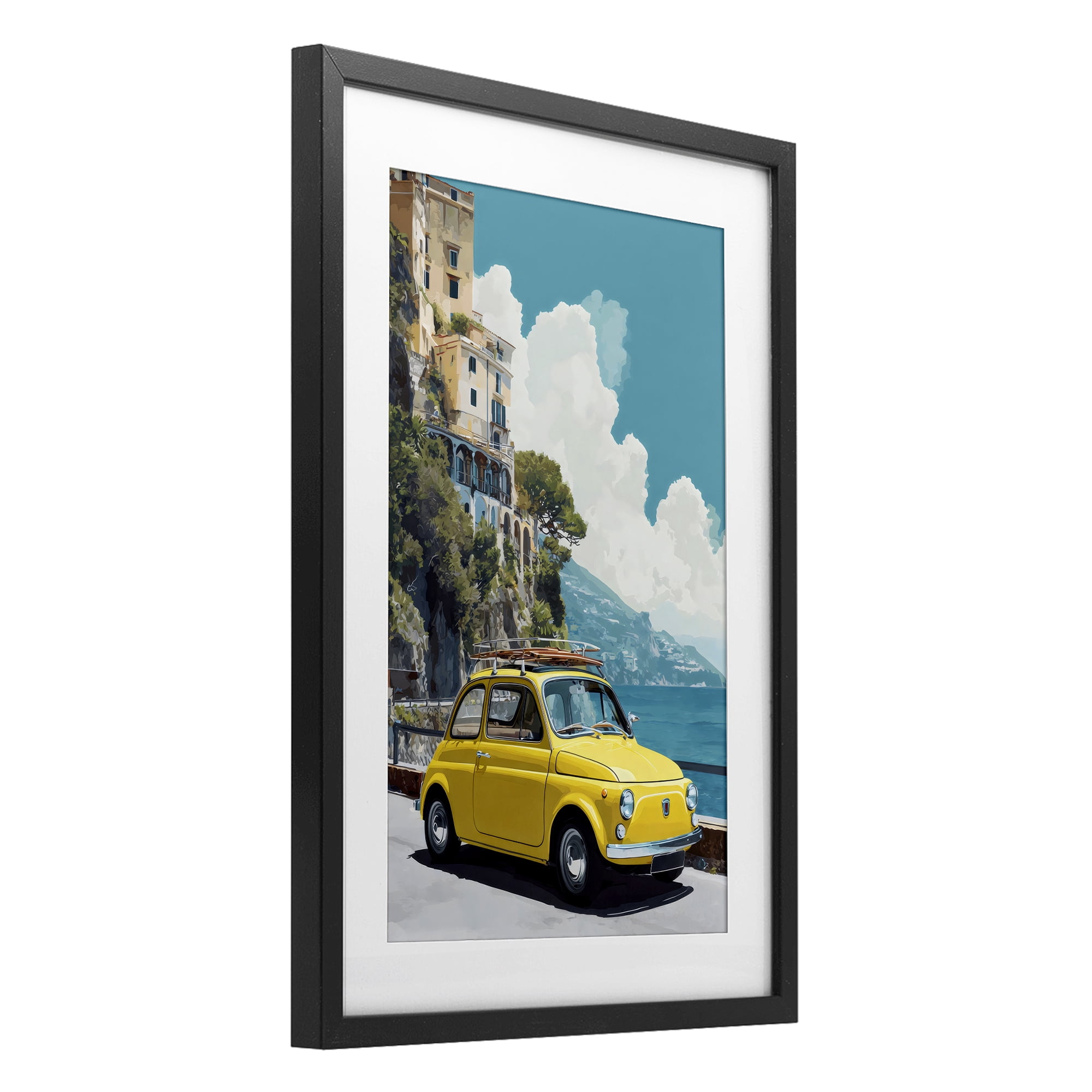 Stupell Industries Yellow Car on Coast Black Framed Print Under Glass, design by Petal Prints Design