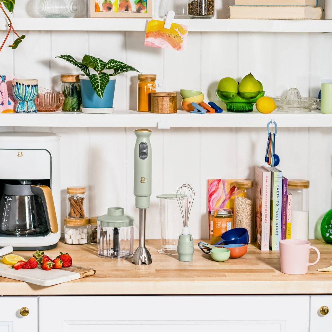 Beautiful 2-Speed Immersion Blender with Chopper & Measuring Cup, Sage Green by Drew Barrymore