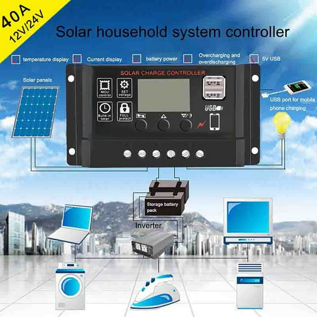 EGNMCR 40A Solar Panel Controller Battery Charge Regulator 12V/24V Auto With USB el regulator