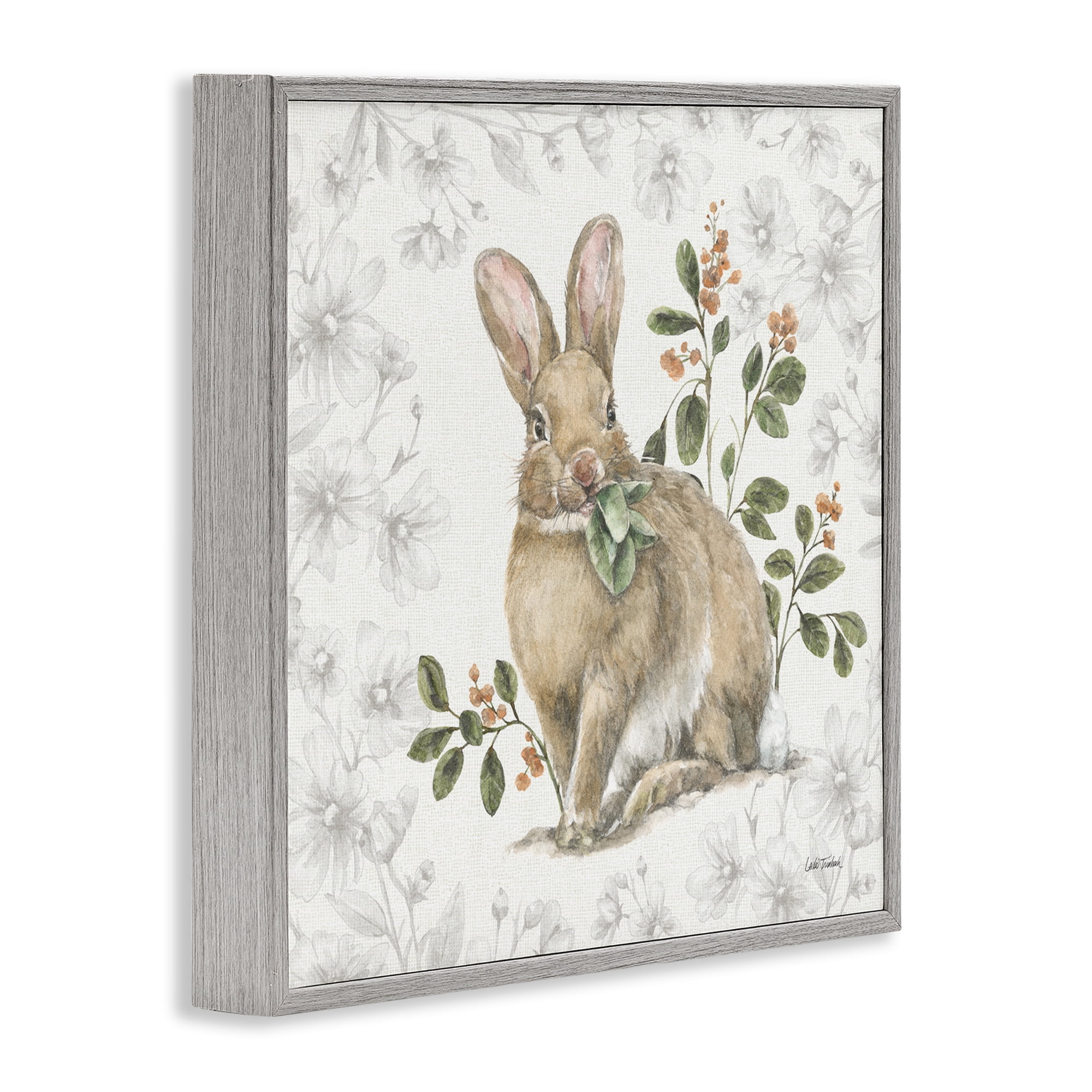 Stupell Industries Floral Garden Bunny Animals & Insects Painting Gray Framed Art Print Wall Art, 17 x 17