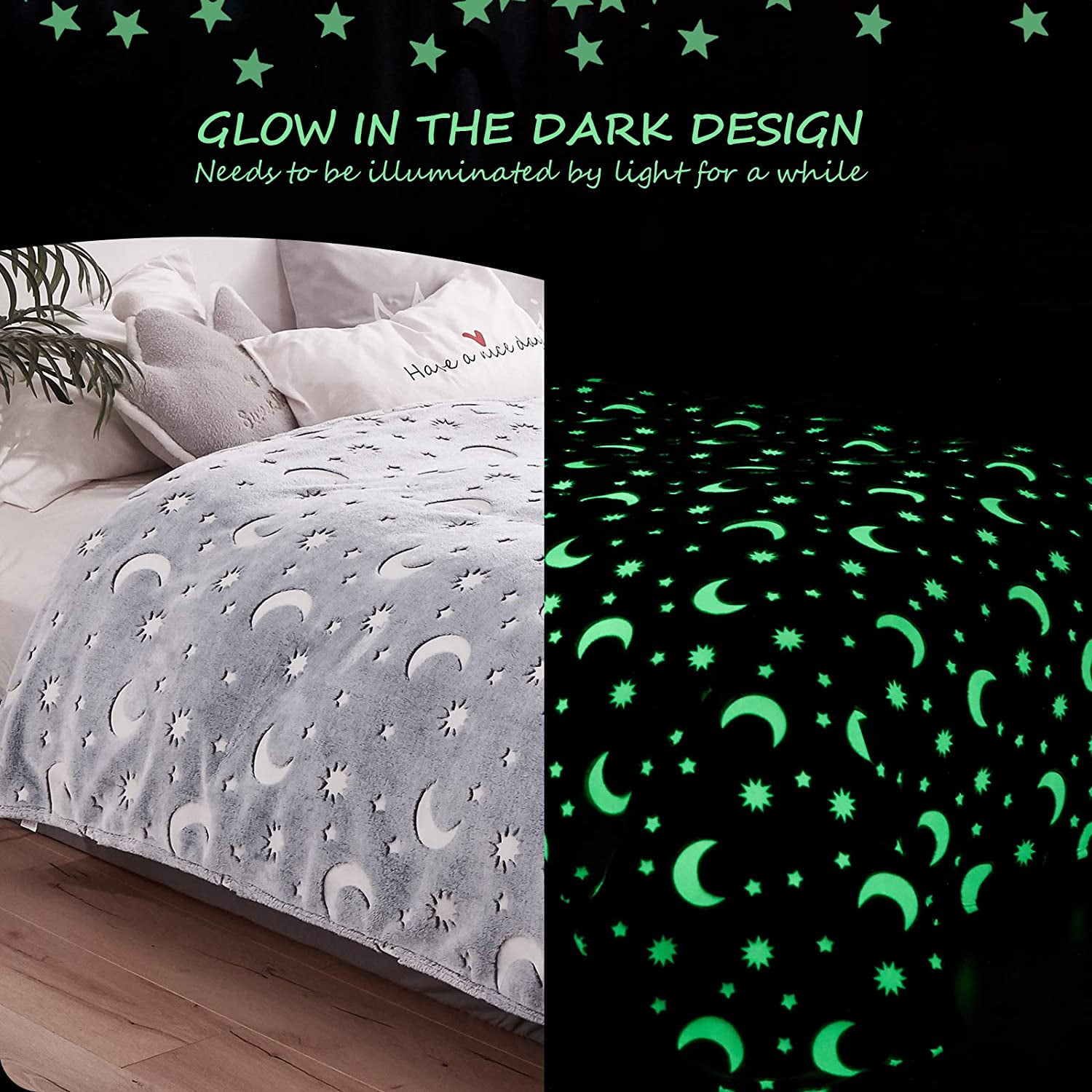 Throw Blanket Super Soft Flannel Fleece Blanket Glow in The Dark Blanket with Star Moon Best Gift for Women Men Kid Teen Grey Throw Blanket for Couch Sofa or Bed in All