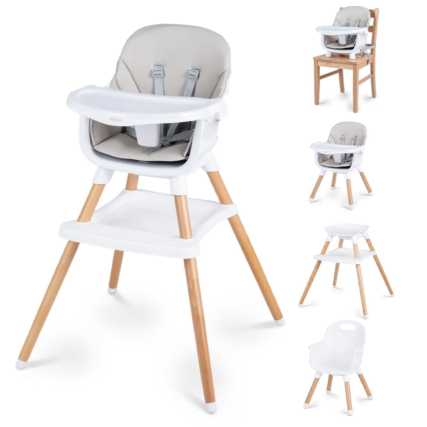 INFANS 8 in 1 Baby High Chair, Convertible to Booster Seat Counter Stool,Wooden High Chairs for Babies and Toddlers with Dual-Layer Adjustable Tray