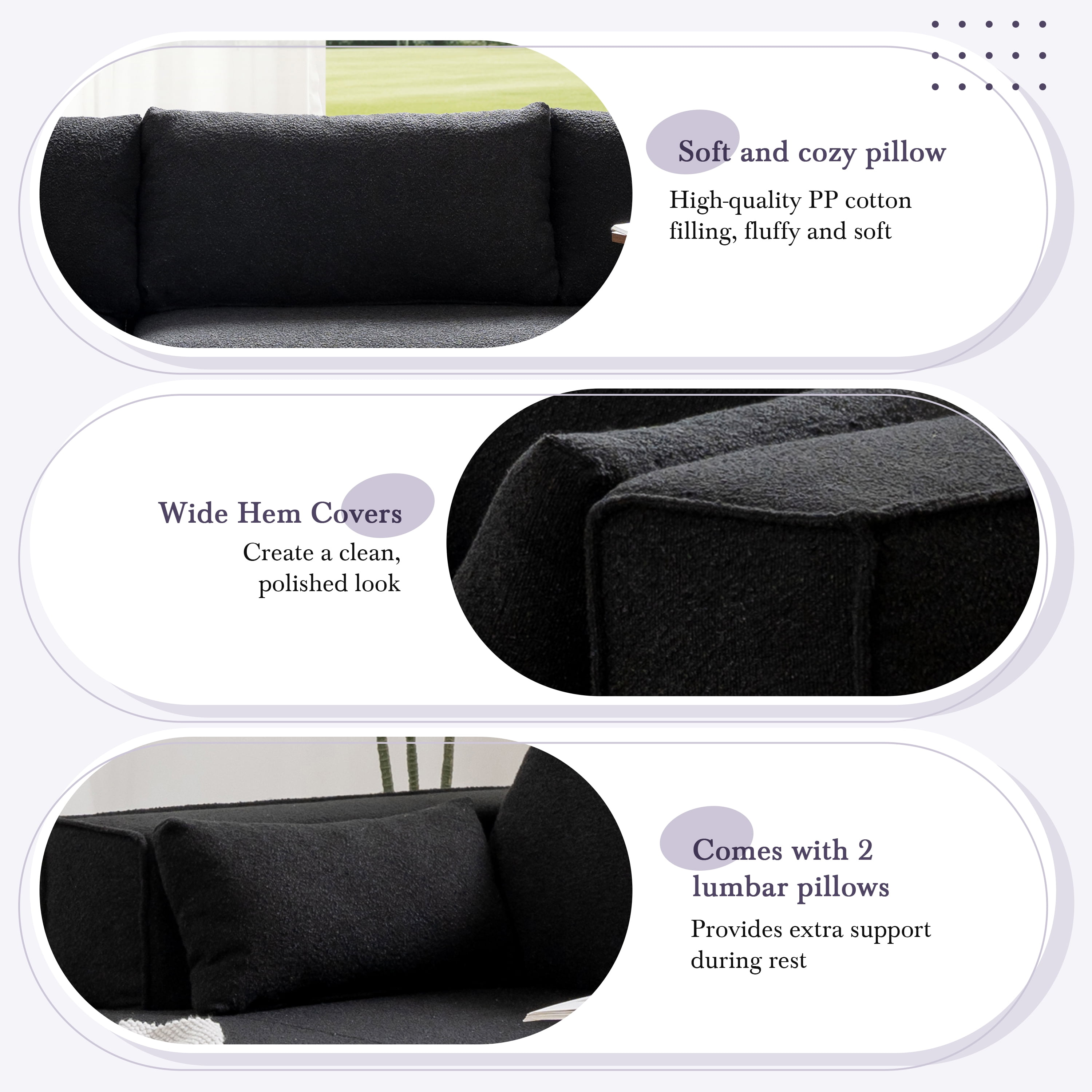 Sectional Sofa, Modular Couch, L-Shaped Fully Compressed with Free Side Table and 2 Pillows, No Assembly Required, Wrinkle-Resistant Boucle Fabric for Living Room, 112 Inch, Black