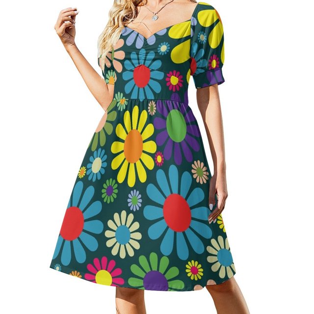 Vestido de manga corta con estampado de los años 70, ropa de noche para mujer, vestidos de mujer 2025