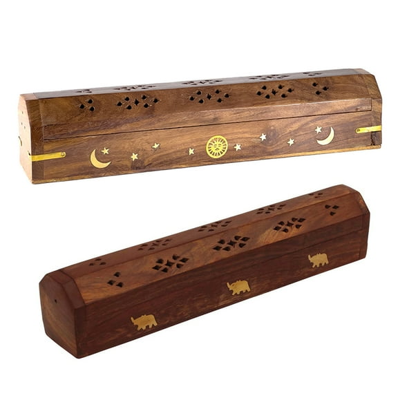 1 Pc Wooden Incense Burner Box Coffin Hinged Style Burning Sticks Cones 12 inch
