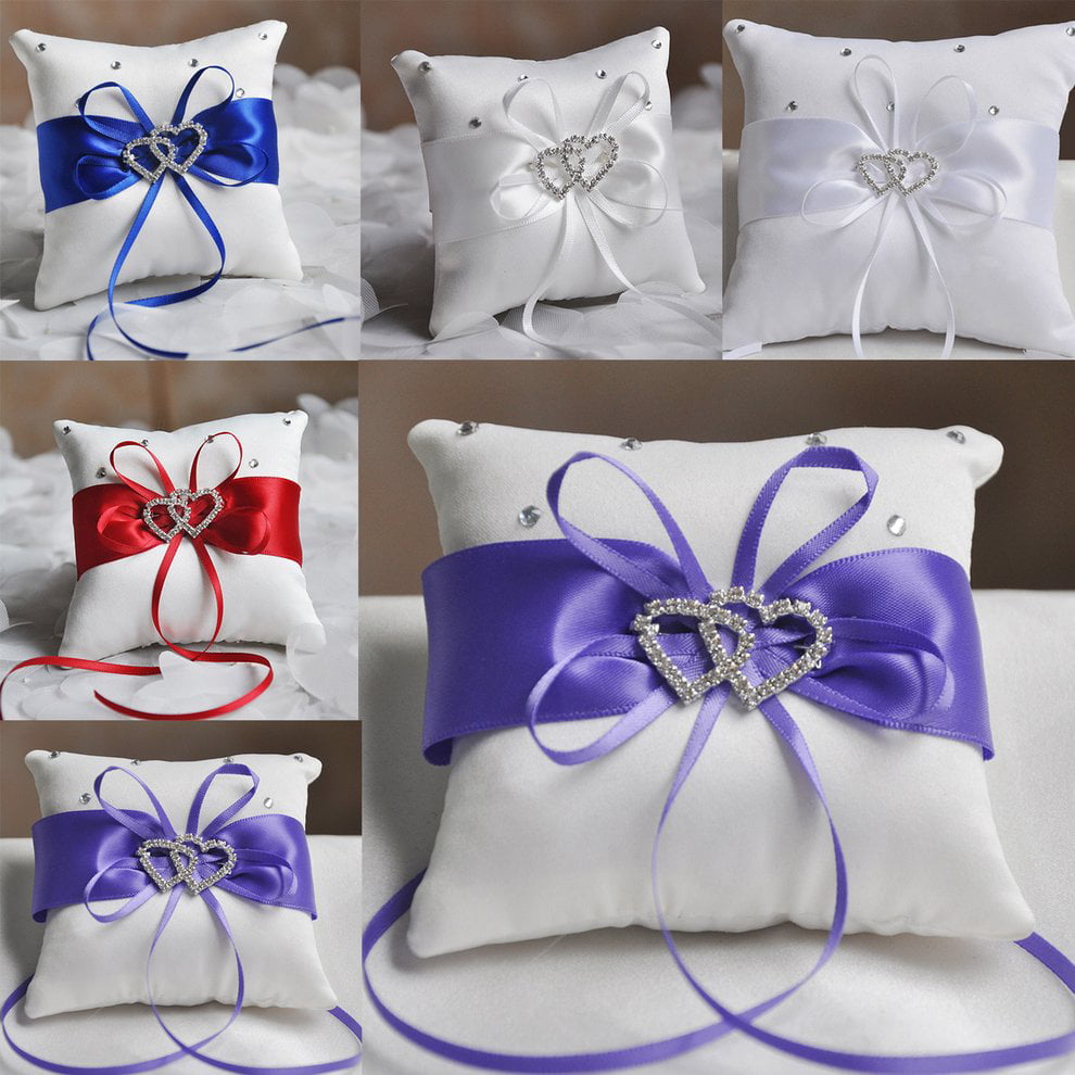 Double-Heart Rhinestone Satin Wedding Ring Pillow Cushion Bearer 20 x 20cm White