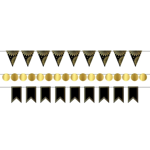 Pack of 12 Black and Gold Foil Mini Streamer Kit 18'