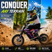 IVFJFV 500W Electric Dirt Bike for Kids,Up to 17.4MPH & 23.6 Miles,Two Speed Modes, Front & Rear Suspension,Mechanical Disc Brakes, 165 LBS,Beginner-Friendly Handle, All-Terrain,PURPLE