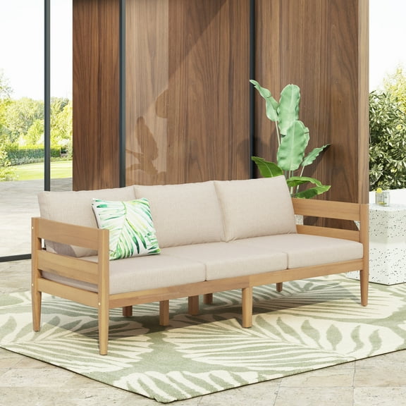 Christopher Knight Home Patio 3 Seater Sofa, Solid Wood Frame with Cushions, Beige