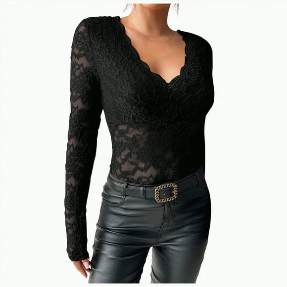 Splozh Long Sleeve Tunic Tops for Women Women's Floral Embroidery Eyelet Lace Crew Neck Long Sleeve Top Black,M