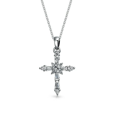 - Vintage Style Tiny Cubic Zirconia AAA CZ Baguette Botonee Cross Pendant For Women For Teen 925 Sterling Silver
