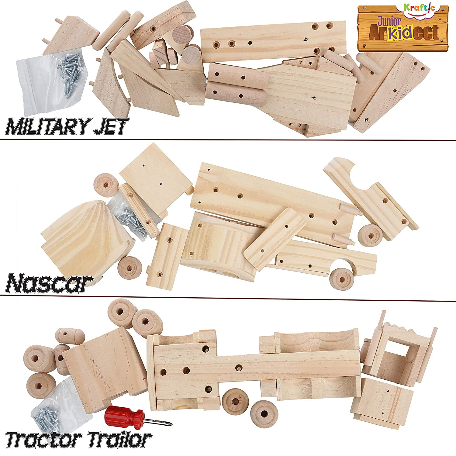 Kraftic Woodworking Building Kit for Kids and Adults Military Jet Nascar and Tractor Trailer with 3 Educational DIY Carpentry Construction Wood Model Kit Toy Projects for Boys and Girls